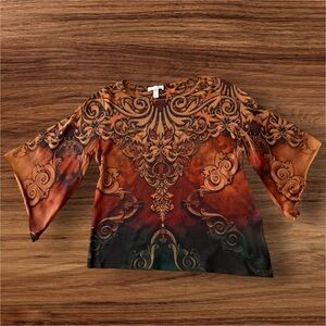 Dressbarn Boho Baroque Ornate Print 3/4 Sleeve Top in Warm Earth Tones Y2K